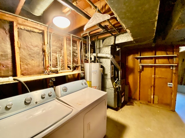 laundry area with water heater and washer and clothes dryer