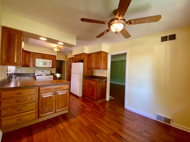 kitchen featuring dark wood-type flooring, ceiling fan, sink, and white appliances