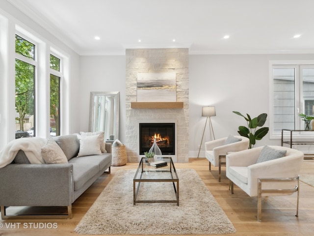 living room featuring light hardwood / wood-style flooring, ornamental molding, and a stone fireplace