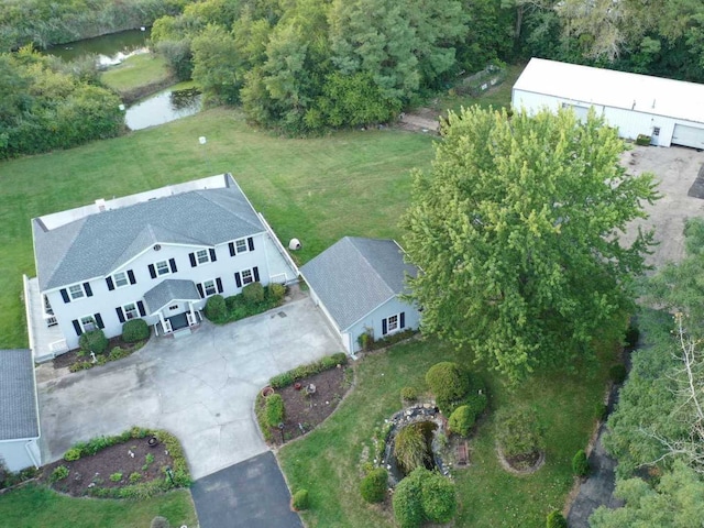 drone / aerial view featuring a water view