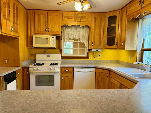 kitchen featuring ceiling fan, plenty of natural light, sink, and white appliances