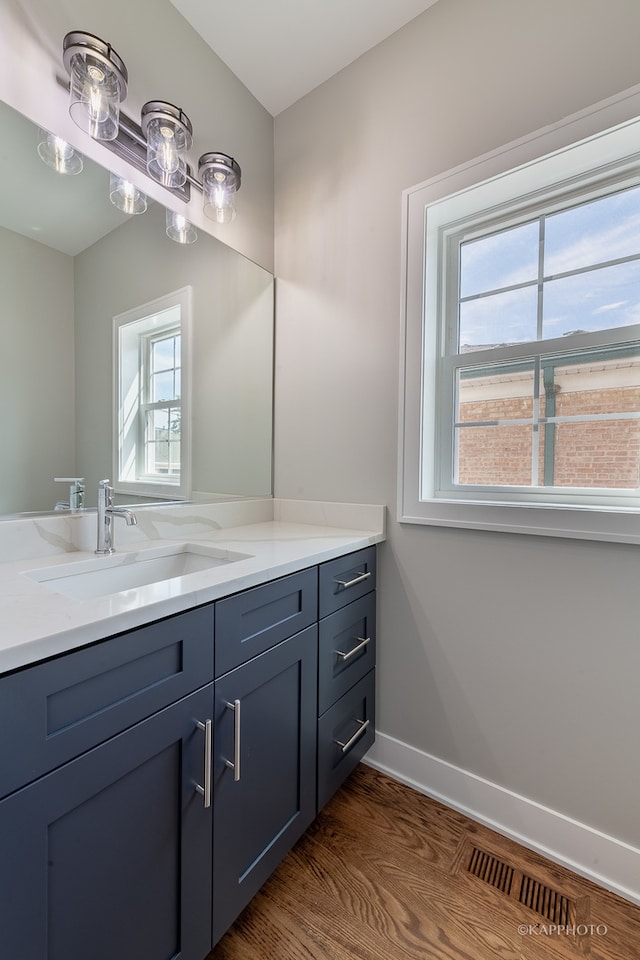 bathroom with plenty of natural light, vanity, and hardwood / wood-style flooring