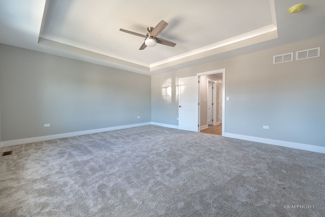 spare room with a raised ceiling, ceiling fan, and carpet flooring