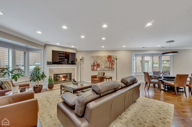 living room featuring light wood-type flooring, crown molding, and a premium fireplace