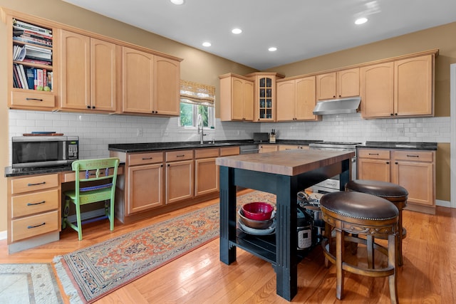 kitchen with stainless steel appliances, light hardwood / wood-style floors, sink, and light brown cabinets