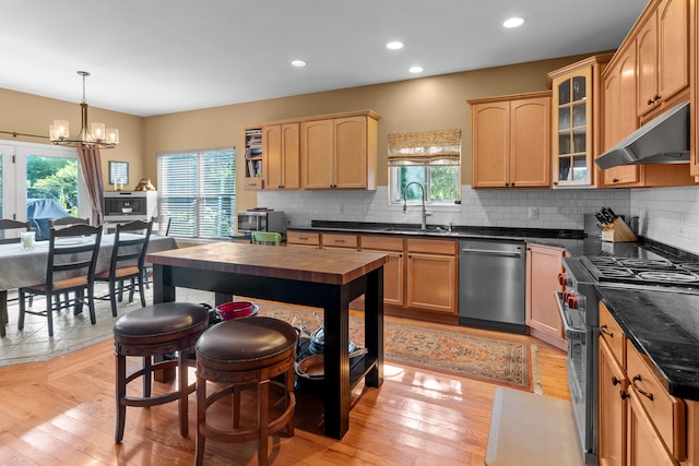 kitchen featuring pendant lighting, sink, appliances with stainless steel finishes, decorative backsplash, and exhaust hood