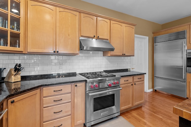 kitchen featuring light brown cabinetry, backsplash, premium appliances, dark stone counters, and light wood-type flooring