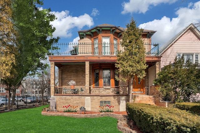 rear view of house with a balcony, a yard, and a porch