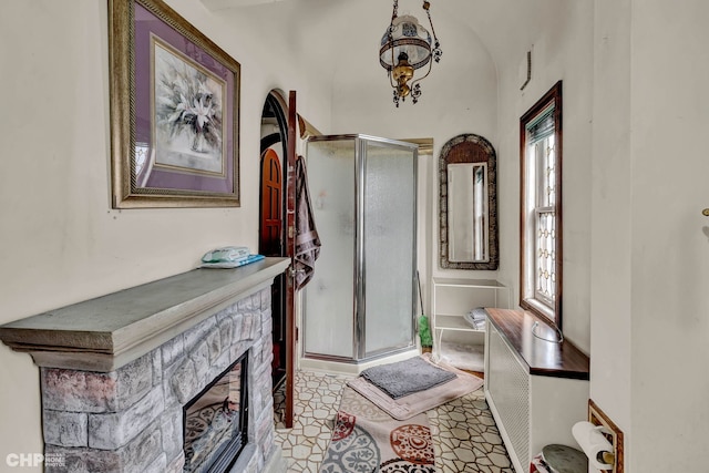 2656 W Logan Blvd, Chicago, IL 60647 - bathroom featuring a stall shower and a fireplace