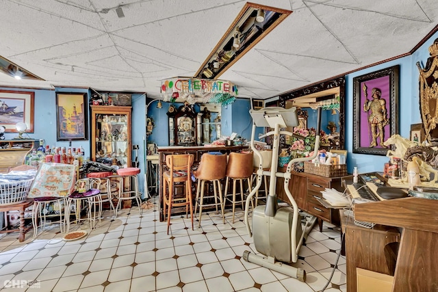 misc room with a textured ceiling, crown molding, and indoor bar