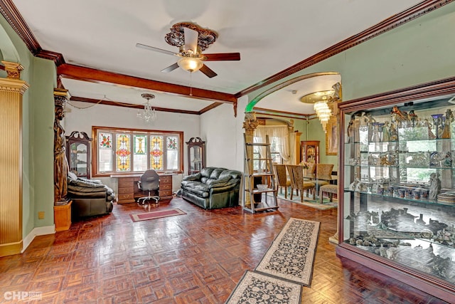 living room featuring ceiling fan, parquet flooring, and crown molding