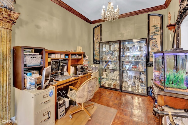 home office featuring crown molding, a chandelier, and parquet flooring