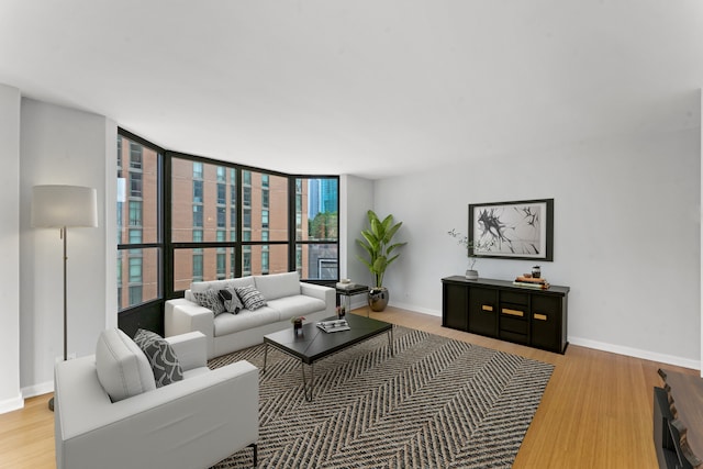 living room featuring floor to ceiling windows and hardwood / wood-style floors