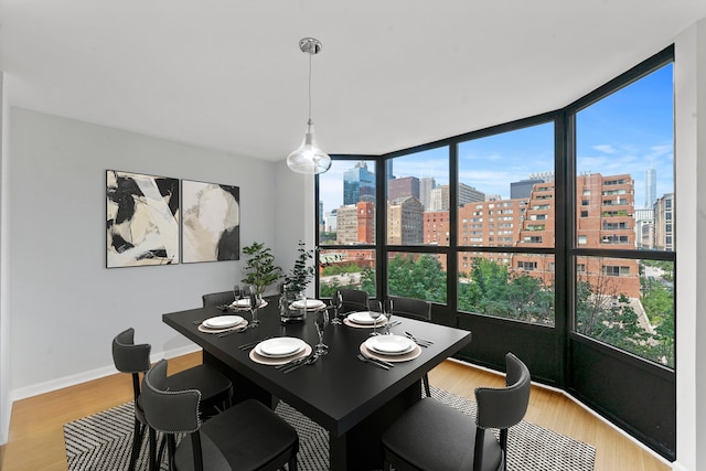 dining area with expansive windows and light wood-type flooring