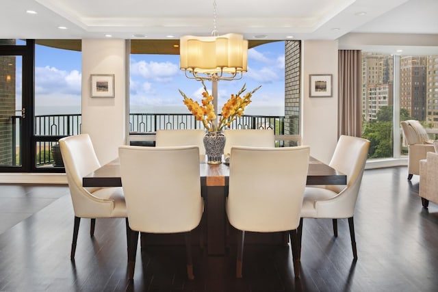 1040 N Lake Shore Dr Unit 9A, Chicago, IL 60611 - dining room featuring a wall of windows, a chandelier, dark wood-style floors, a tray ceiling, and healthy amount of natural light
