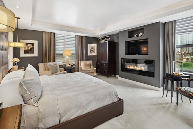 1040 N Lake Shore Dr Unit 9A, Chicago, IL 60611 - carpeted bedroom with a tray ceiling, a glass covered fireplace, and baseboards