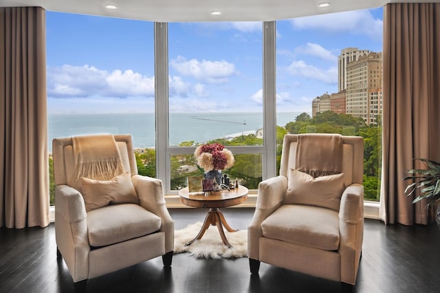 1040 N Lake Shore Dr Unit 9A, Chicago, IL 60611 - sitting room featuring healthy amount of natural light, a water view, dark wood-style floors, and recessed lighting