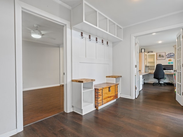 mudroom with crown molding, dark hardwood / wood-style flooring, and ceiling fan