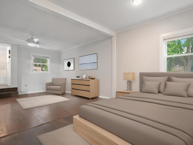 bedroom with ceiling fan, multiple windows, and dark hardwood / wood-style flooring