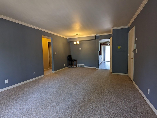 unfurnished living room with a chandelier, carpet flooring, visible vents, baseboards, and crown molding