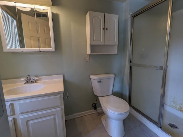 bathroom featuring visible vents, toilet, a stall shower, vanity, and tile patterned flooring