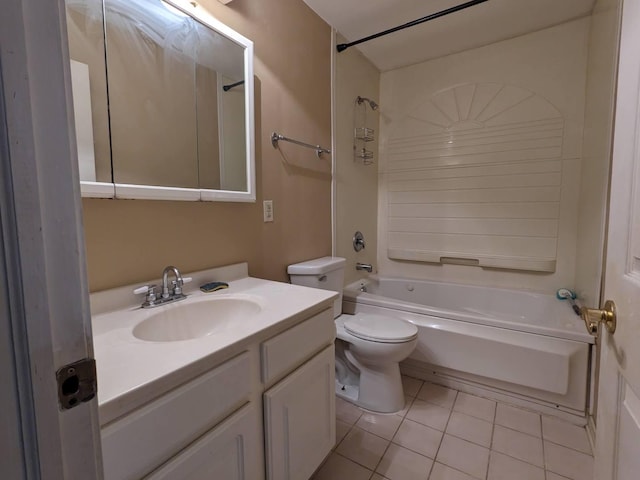 bathroom with  shower combination, vanity, toilet, and tile patterned floors