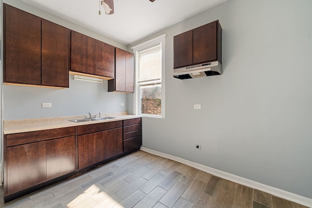 kitchen featuring light wood-type flooring, ceiling fan, dark brown cabinets, and sink