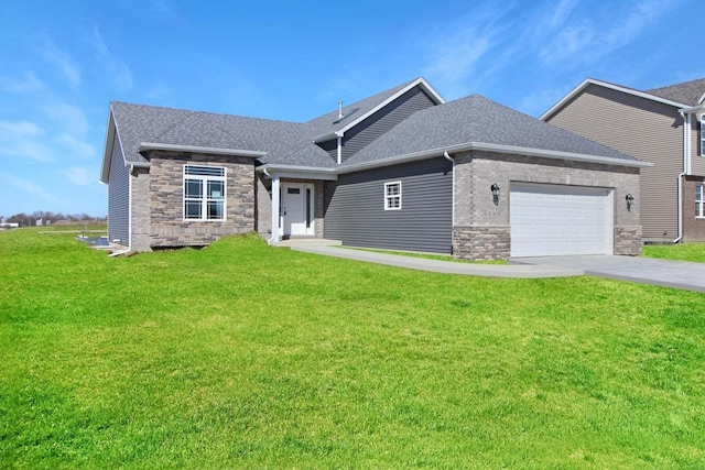 view of front of property with a garage, stone siding, driveway, roof with shingles, and a front yard