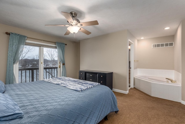 carpeted bedroom with visible vents, baseboards, ceiling fan, access to outside, and recessed lighting