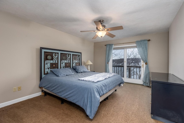 bedroom with baseboards, access to outside, ceiling fan, and light colored carpet