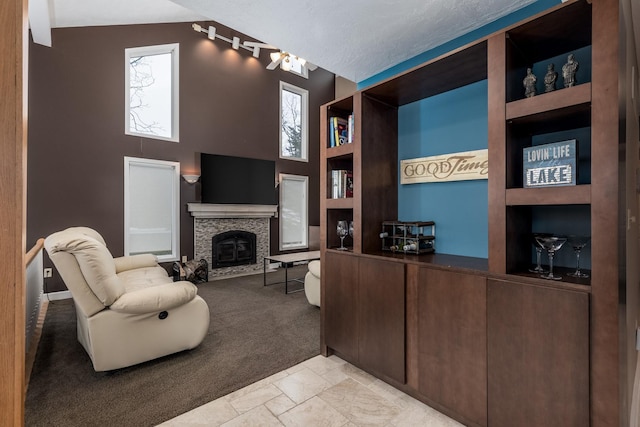 living room featuring built in shelves, light colored carpet, a towering ceiling, a glass covered fireplace, and a textured ceiling