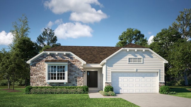 view of front of home featuring stone siding, a front lawn, an attached garage, and driveway