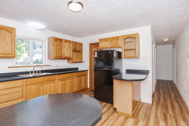 kitchen with sink, black refrigerator, a textured ceiling, and light wood-type flooring