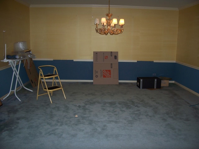 interior space featuring a notable chandelier, crown molding, and carpet flooring