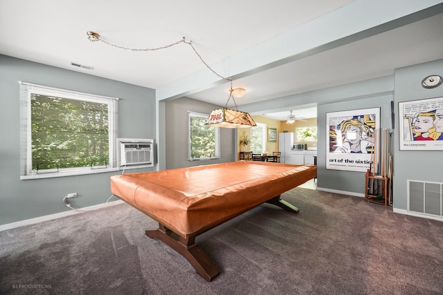 game room featuring pool table, ceiling fan, an AC wall unit, and dark colored carpet