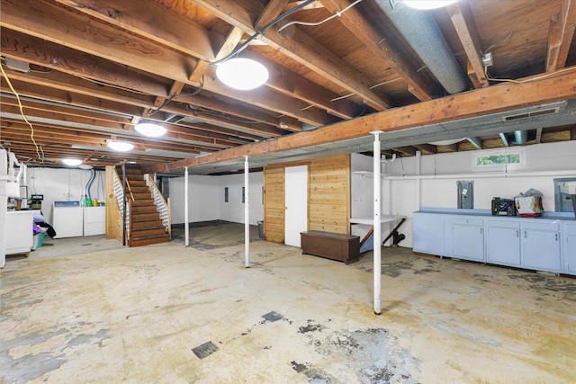 basement featuring washer and dryer and electric panel