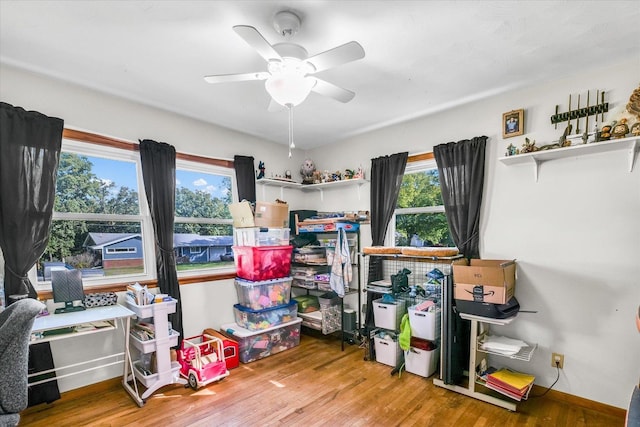 storage area featuring ceiling fan