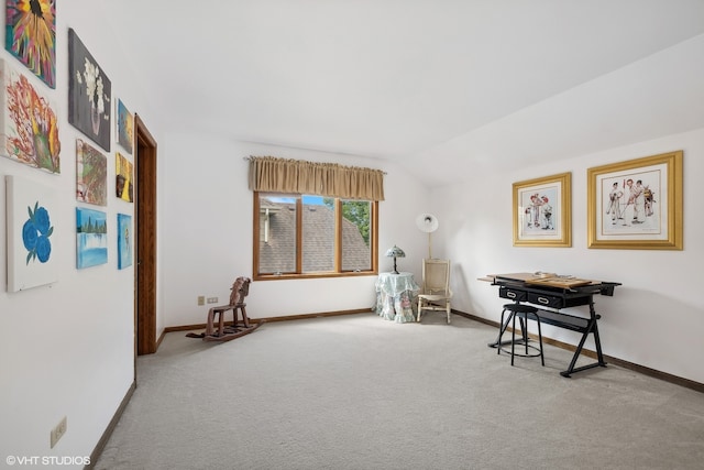 miscellaneous room featuring vaulted ceiling and carpet floors