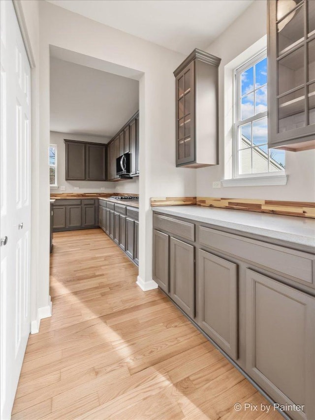 kitchen featuring a wealth of natural light, stainless steel appliances, and light hardwood / wood-style floors