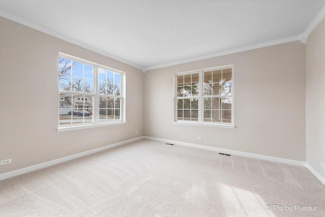 carpeted spare room with crown molding