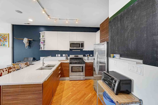 kitchen with white cabinets, light wood-type flooring, stainless steel appliances, sink, and kitchen peninsula