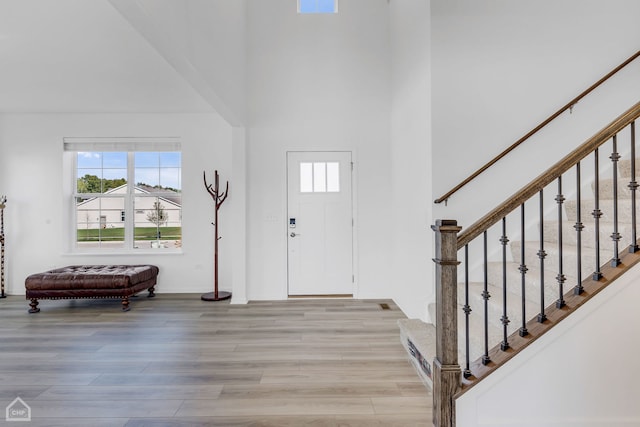 entrance foyer with a towering ceiling and light wood-type flooring