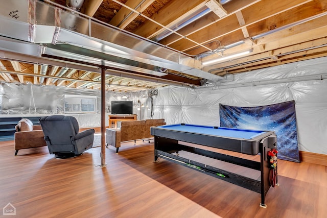 basement with pool table and wood-type flooring