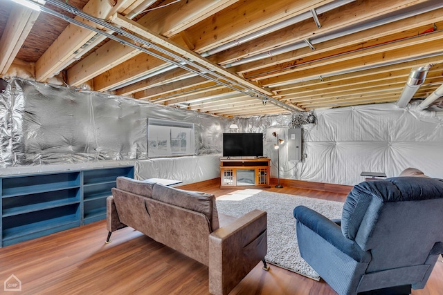 basement featuring hardwood / wood-style floors and electric panel