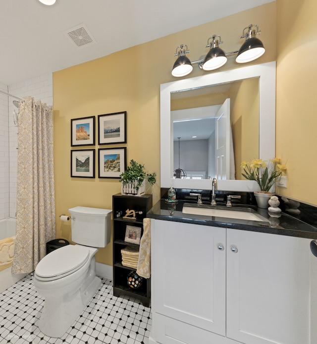 full bathroom with shower / bathtub combination with curtain, vanity, toilet, and tile patterned flooring