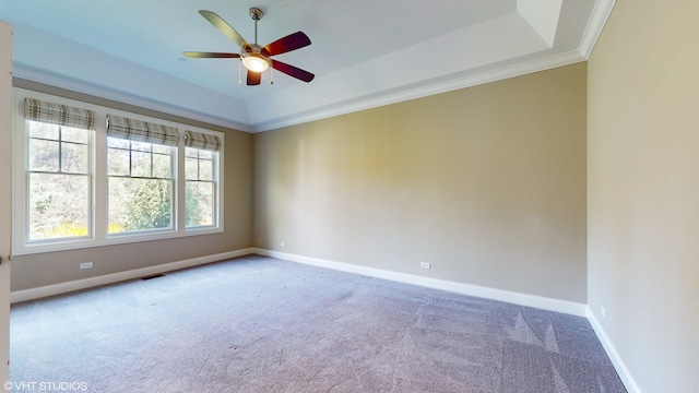 carpeted spare room with a tray ceiling, ornamental molding, and ceiling fan