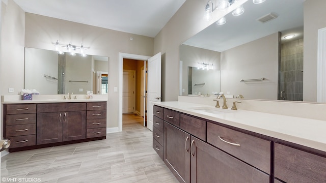 bathroom featuring vanity and an enclosed shower