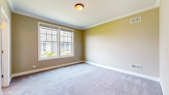 spare room featuring crown molding and light colored carpet