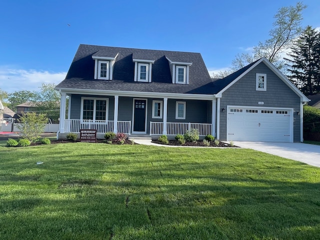 cape cod home featuring a front lawn, a garage, and a porch