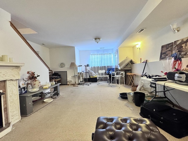 living room featuring light colored carpet